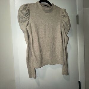 Zara Cream Puff Sleeve Pearl Accent Sweater
